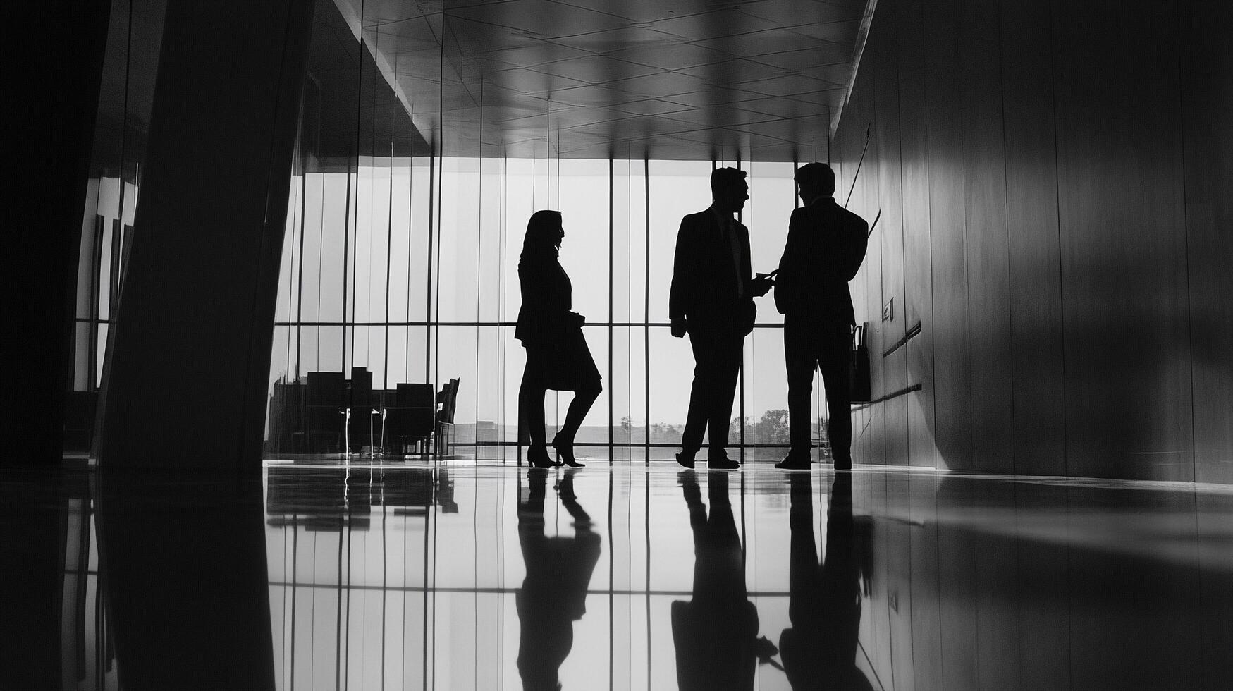Silhouetted figures in a modern office building stand in front of a window. They are in discussion, potentially about work. photo