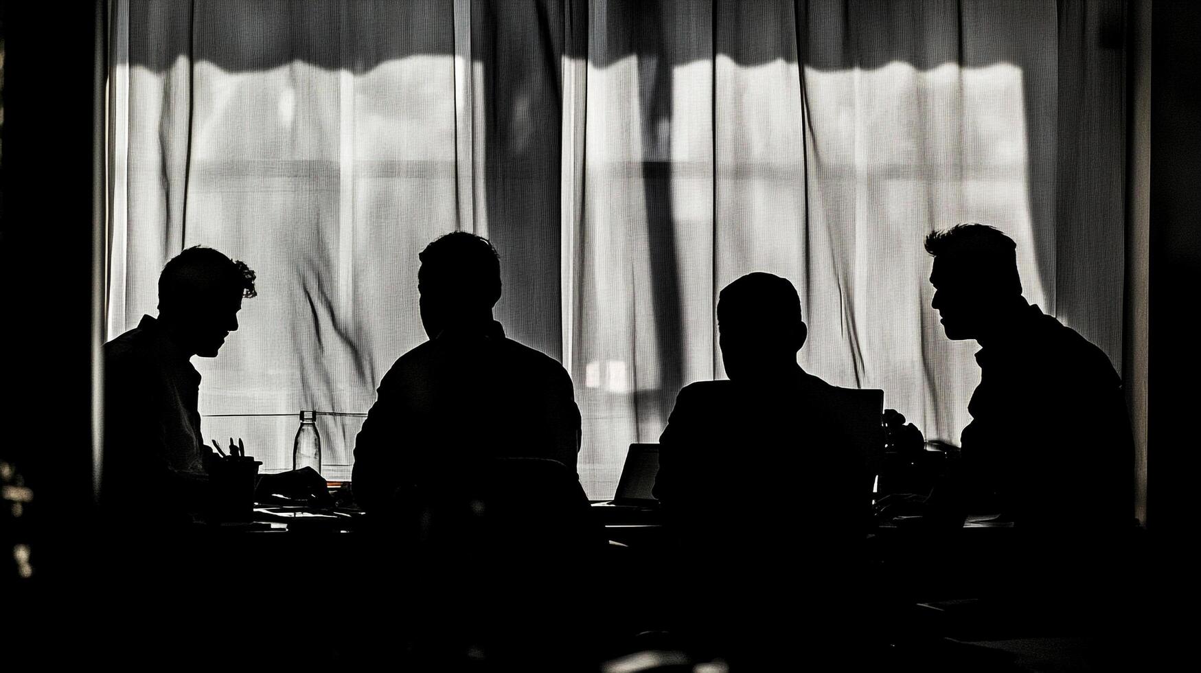Silhouetted figures convene near a window, creating an atmosphere of focused discussion and strategic planning. photo