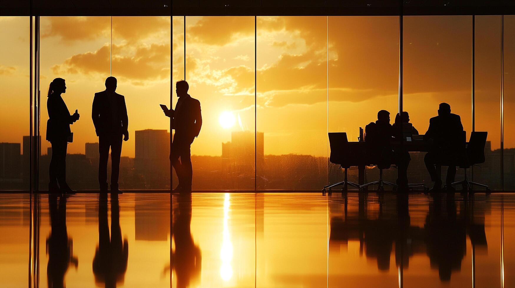 Silhouetted figures meet against a fiery sunset backdrop, reflecting off a polished floor in this dramatic corporate setting. photo