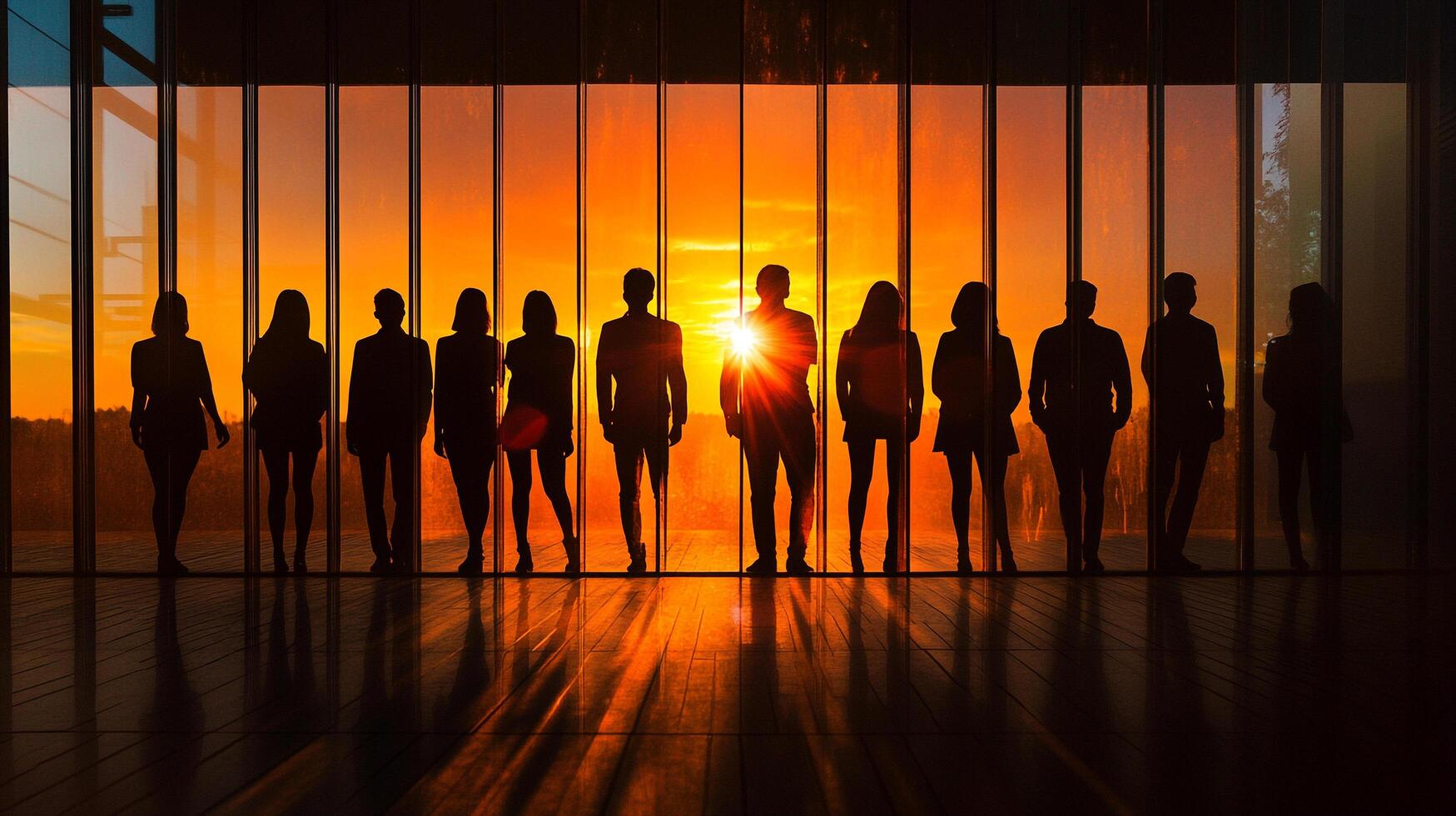 Silhouetted figures stand against a backdrop of fiery sunset colors. A group faces the horizon, backlit by vibrant hues. photo
