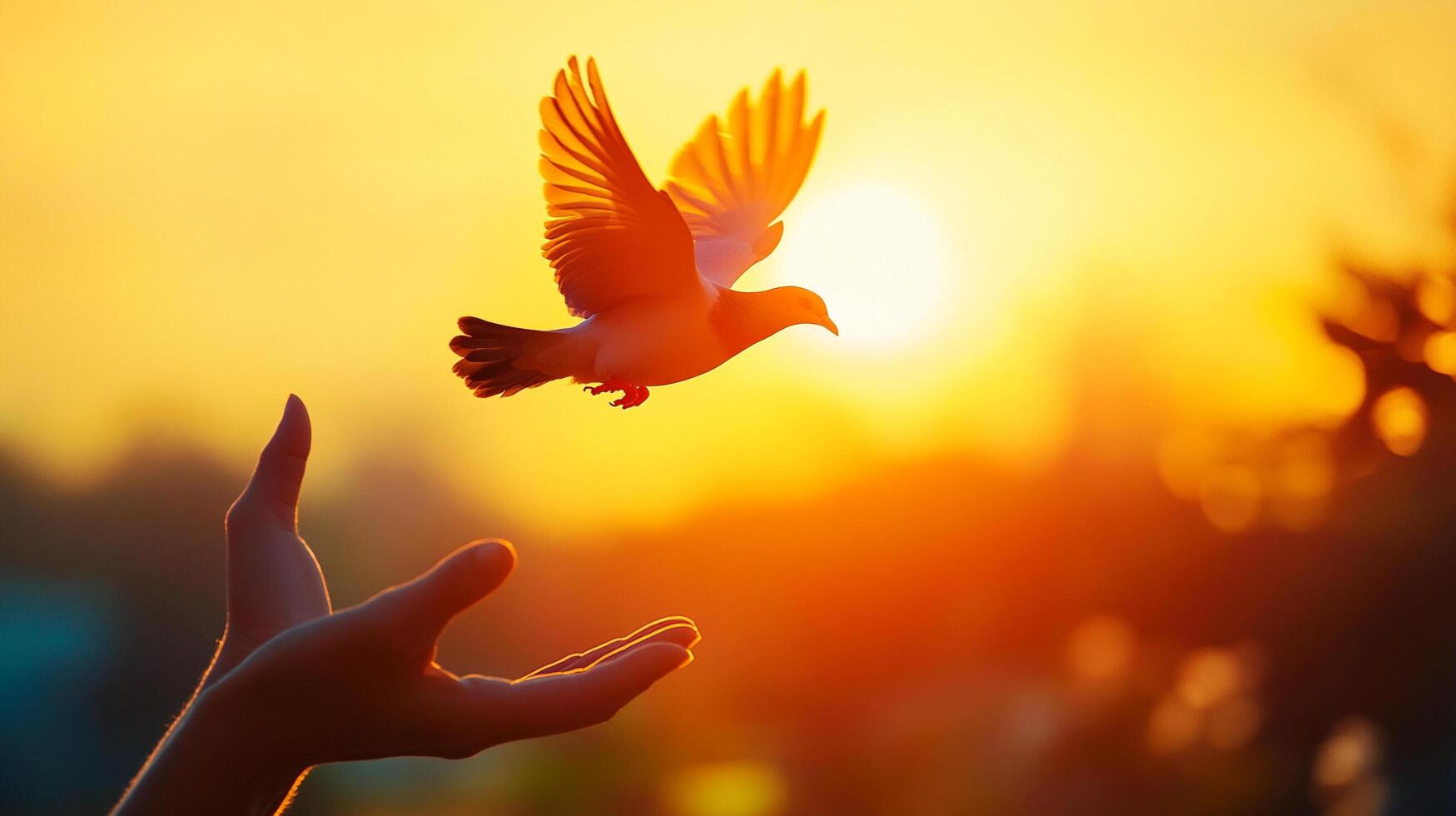A bird soars freely from outstretched hands, bathed in the warm light of a vibrant sunset, symbolizing hope, peace and new beginnings. photo