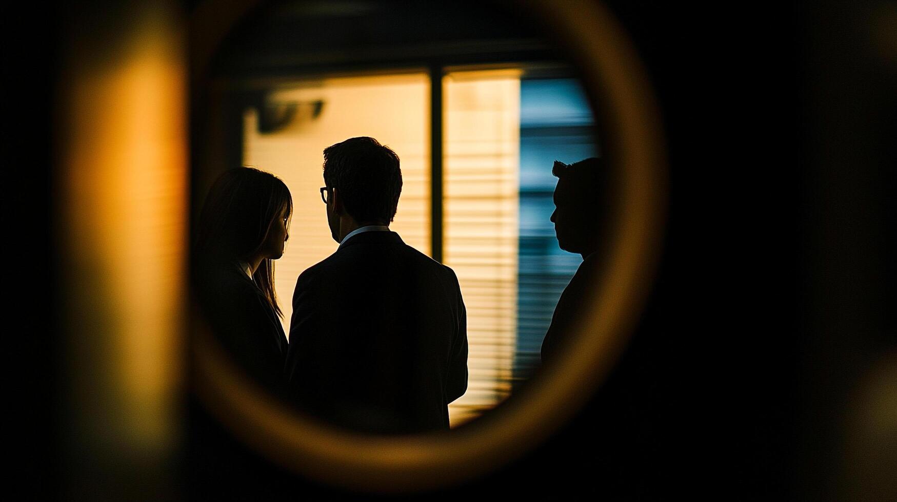 Silhouette of three businesspeople in suits, seen through a circular frame. Window with horizontal lines in the background. photo