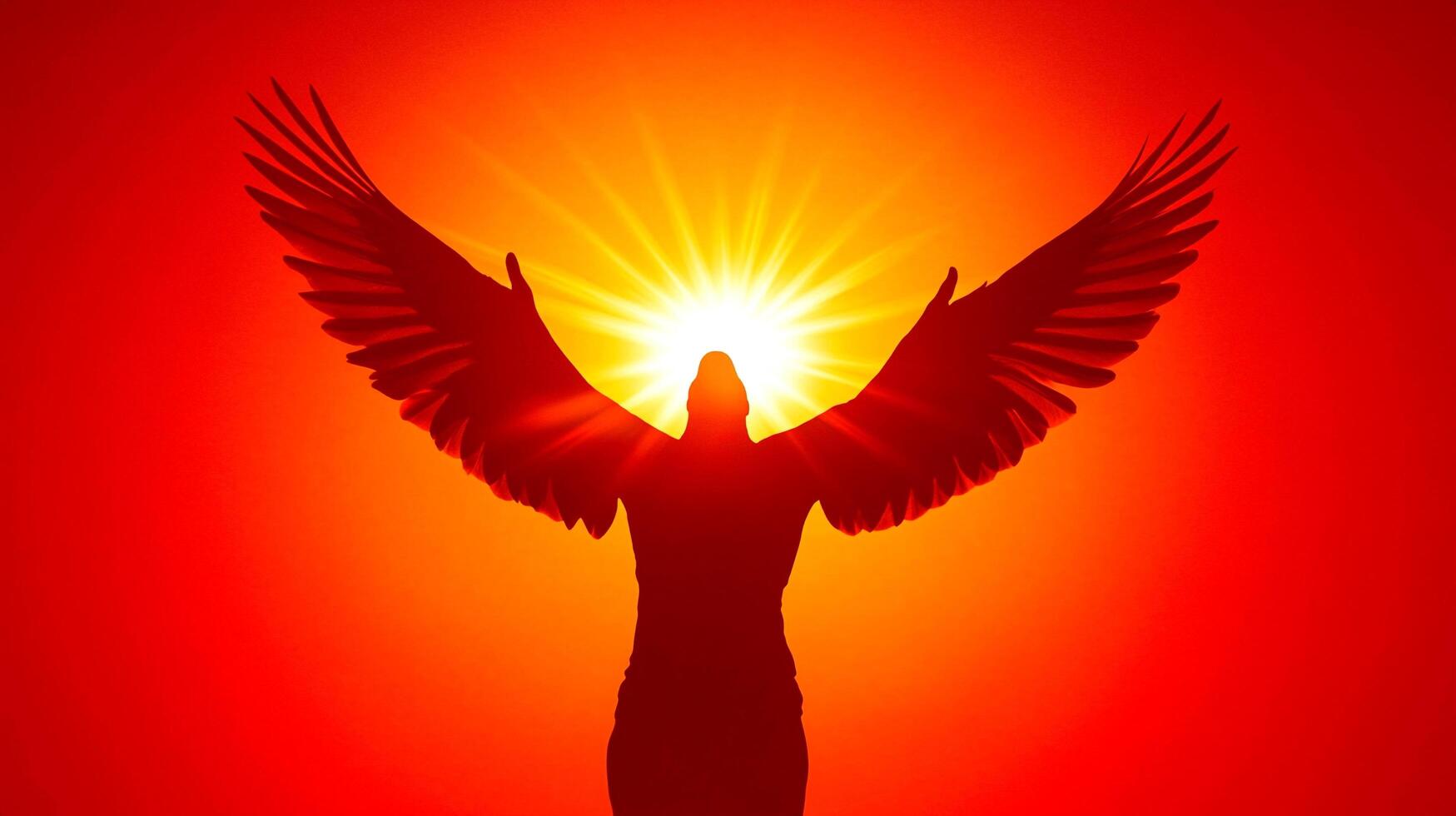 Silhouette soars with wings spread against a fiery sunset, symbolizing freedom, hope, and aspiration in a vibrant display of color. photo