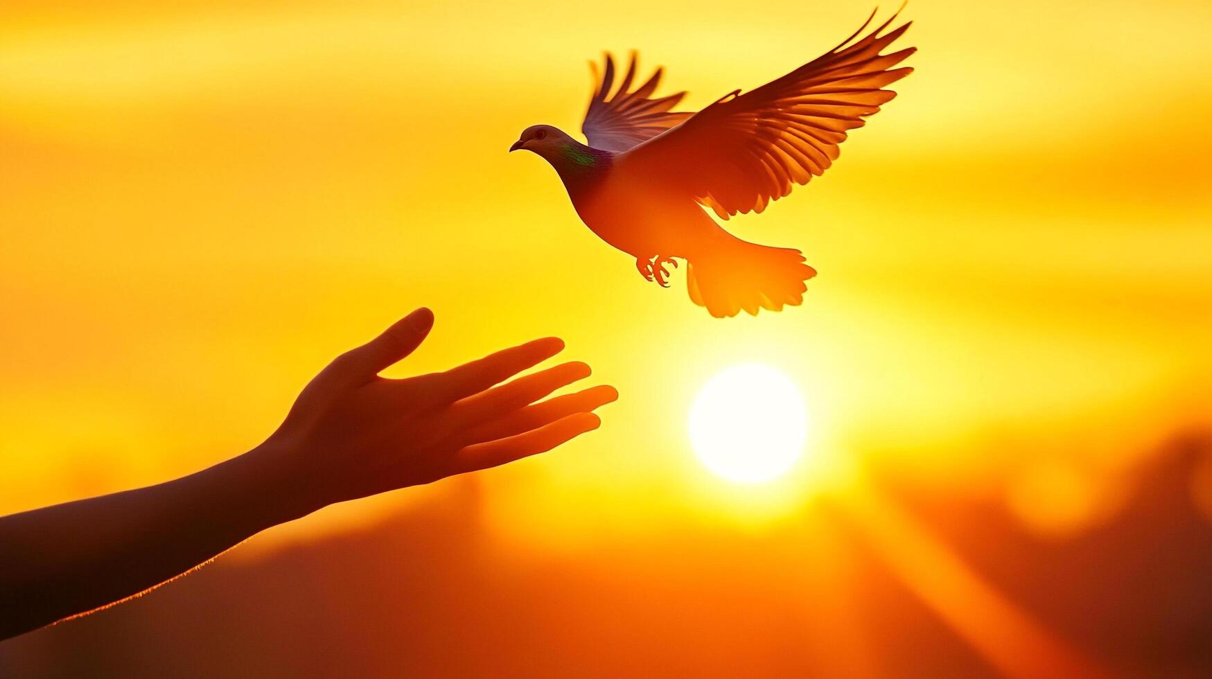 A hand reaching out towards a dove in flight during a warm golden sunset, evoking themes of hope, peace and freedom in nature's glow. photo