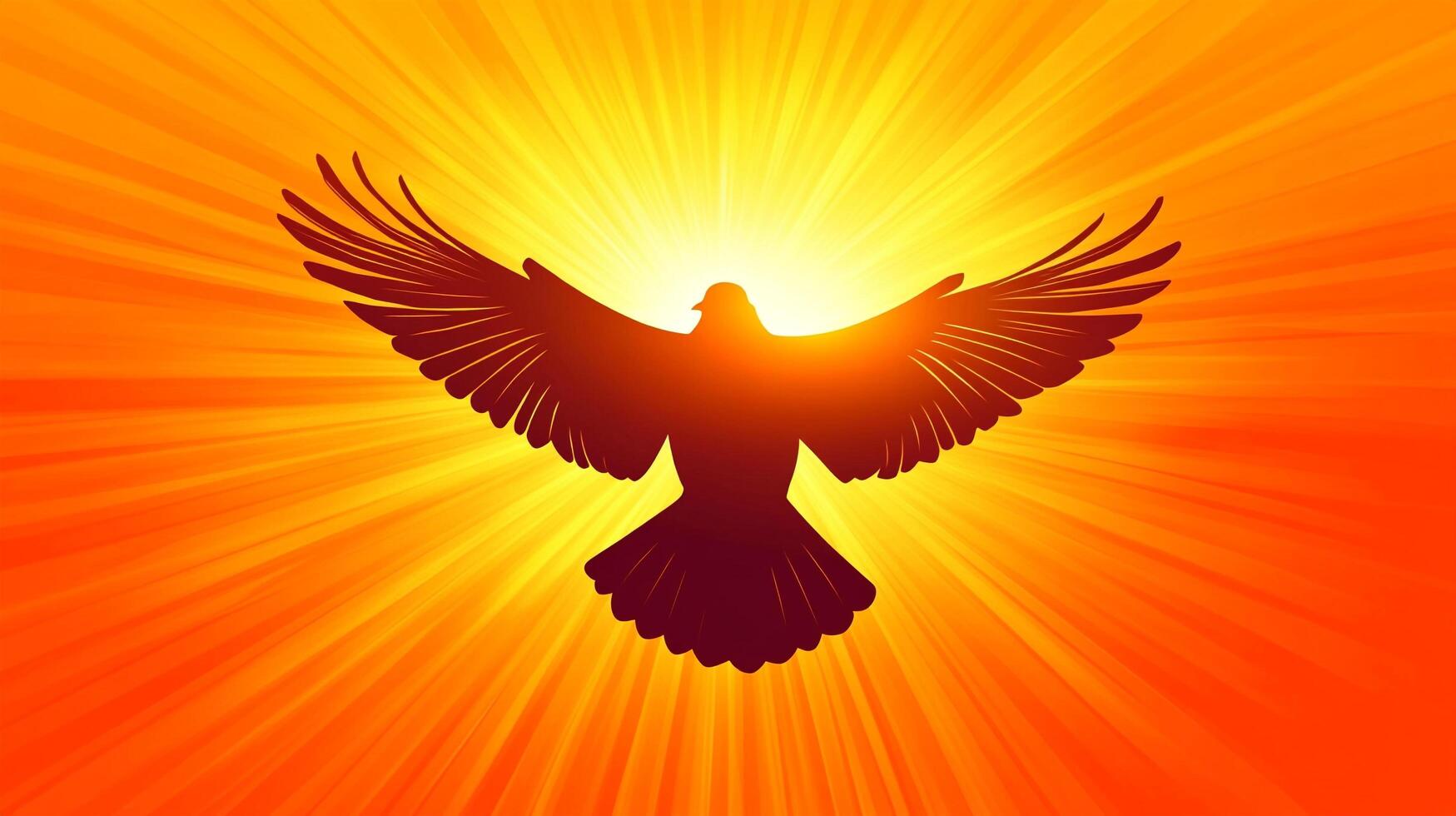 A striking silhouette of a dove against radiant beams of light, symbolizing peace, hope, and spirituality in a vivid artistic display. photo