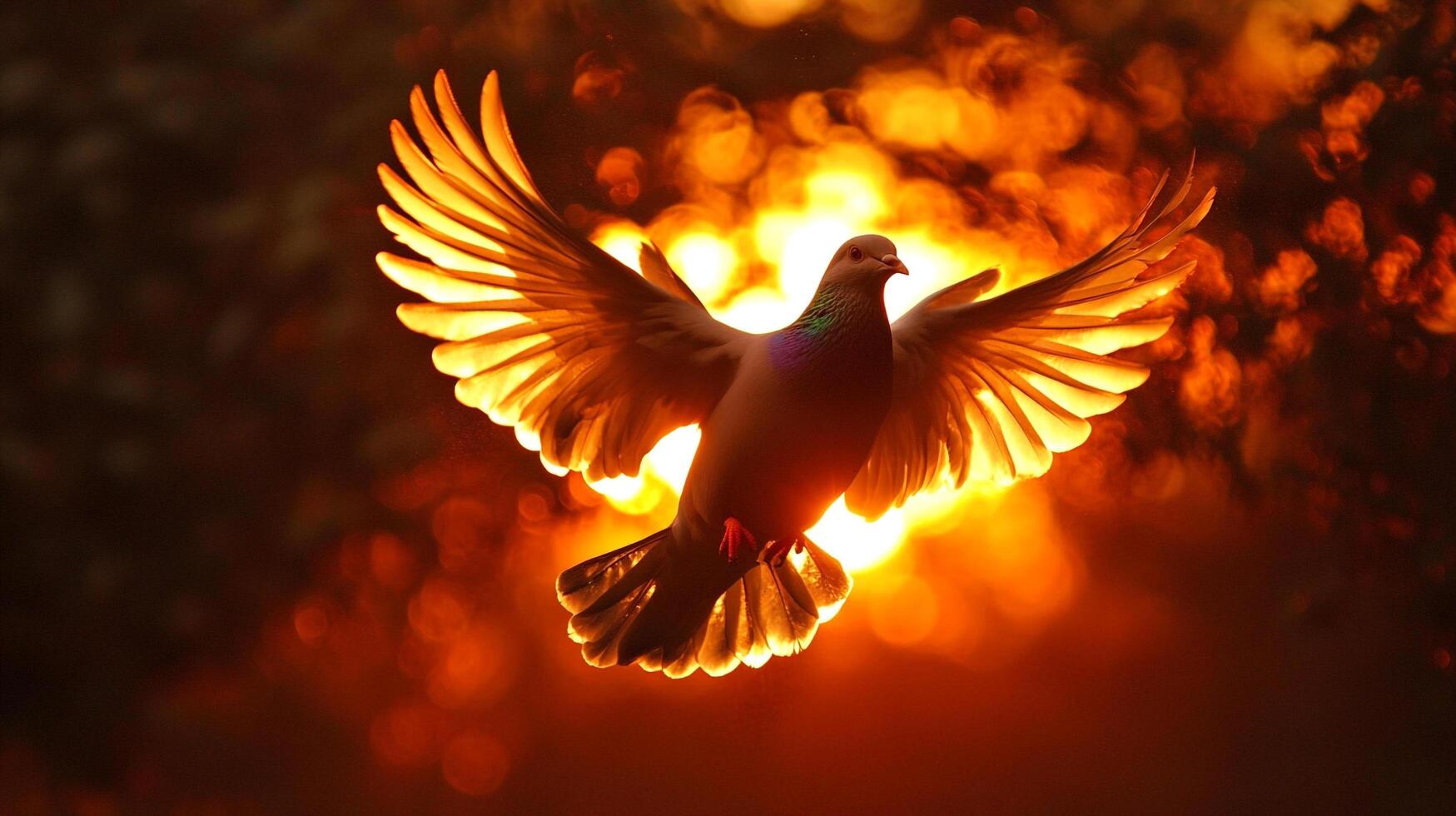 Dove soars against a vibrant, fiery sunset. Its wings catch the light, creating a striking contrast between the bird and the background. photo
