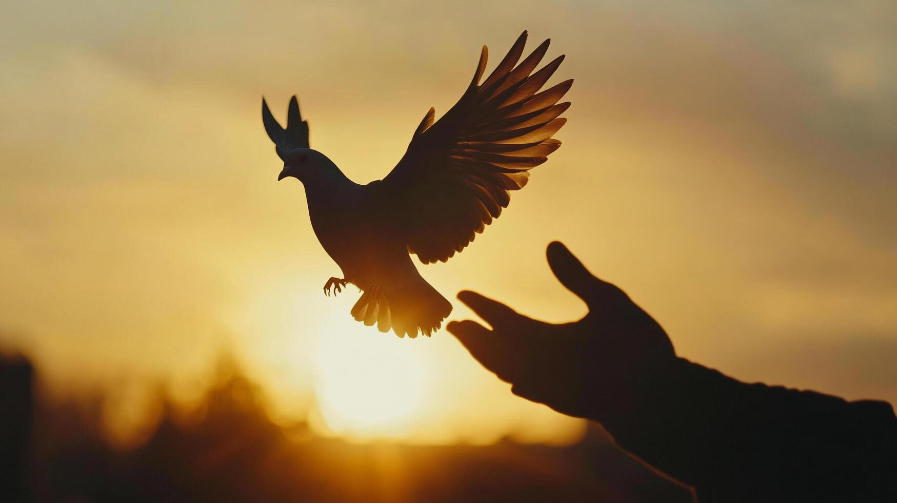 Bird takes flight from a person's hands during a golden sunset, embodying freedom and a fresh beginning. Beautiful and inspiring. photo
