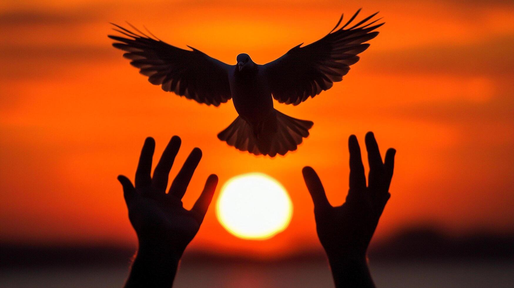 Dove soars at sunset between outstretched hands, symbolizing freedom and hope in a silhouette against the vibrant, fiery sky. photo