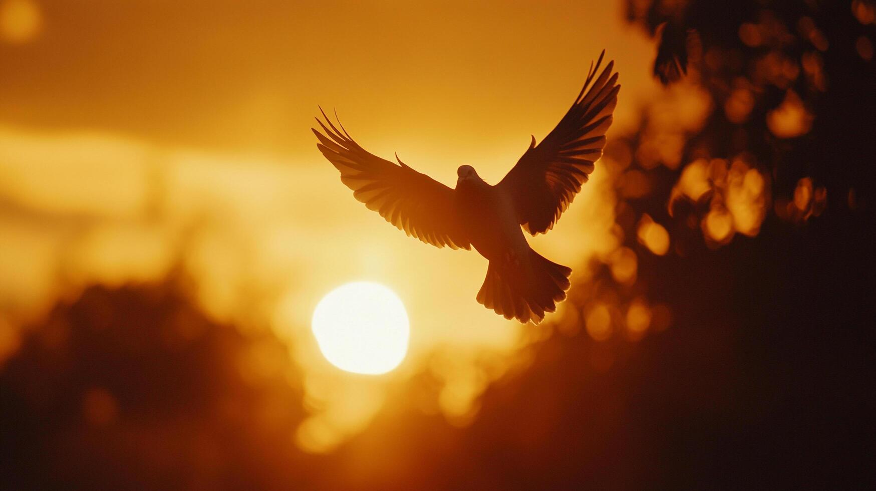 Silhouette of a bird in mid-flight during sunset. Warm golden light creates a serene and dramatic atmosphere. Freedom and nature. photo