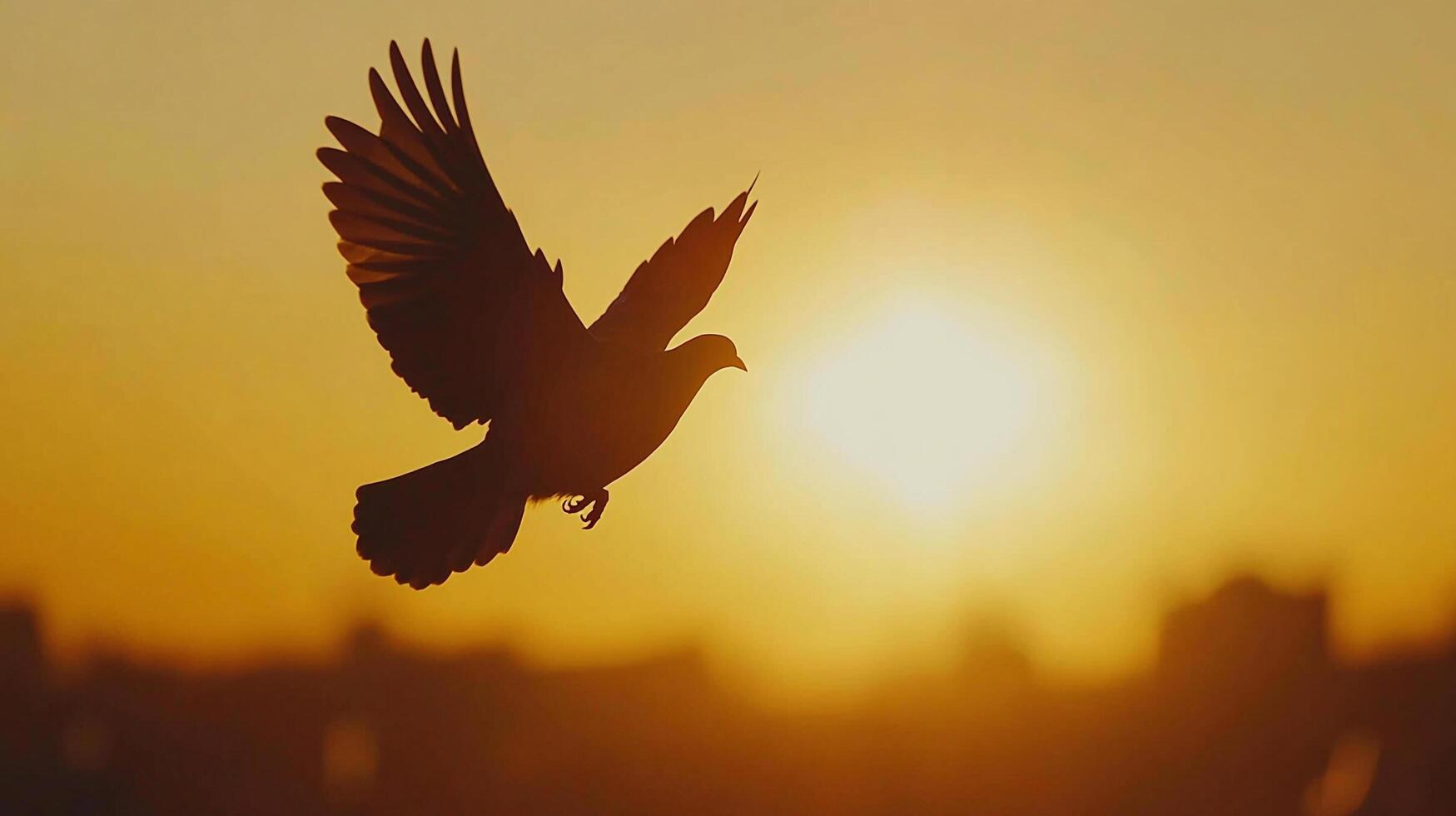 A dove in flight during sunset. The bird is silhouetted against the radiant sun, symbolizing peace and freedom in the picturesque sky. photo