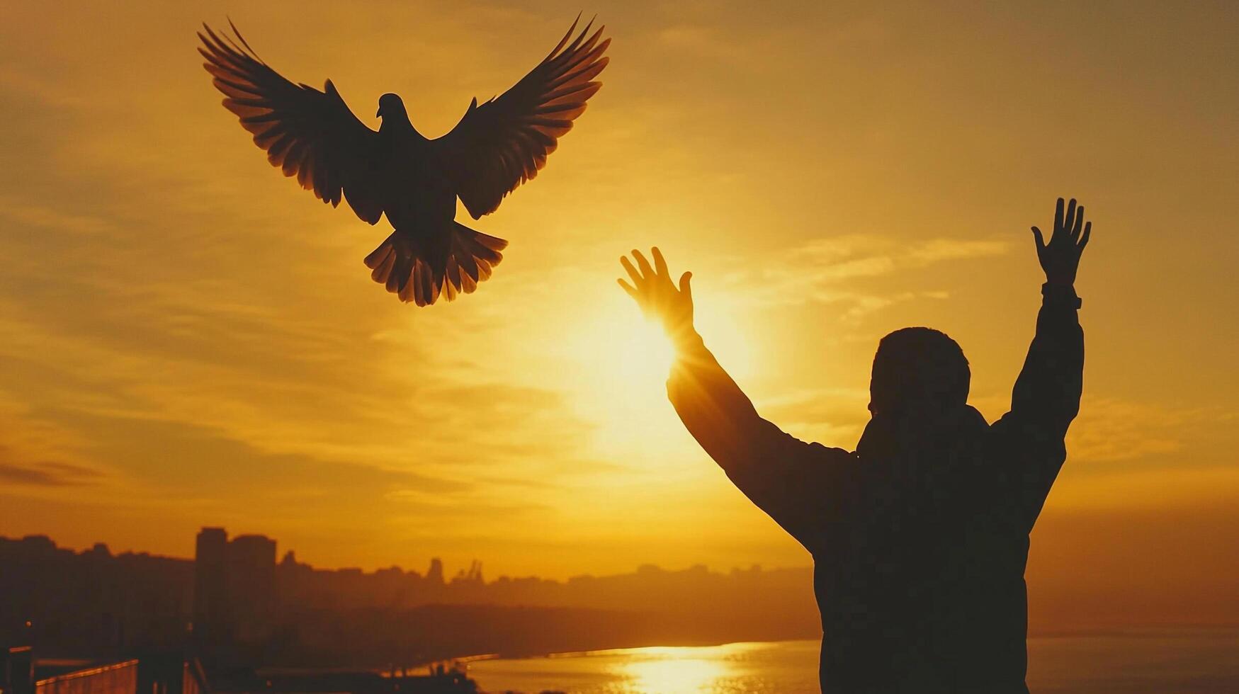 Silhouette of a man with outstretched arms as a bird flies towards the sun, symbolizing freedom, peace, and a sense of wonder. photo