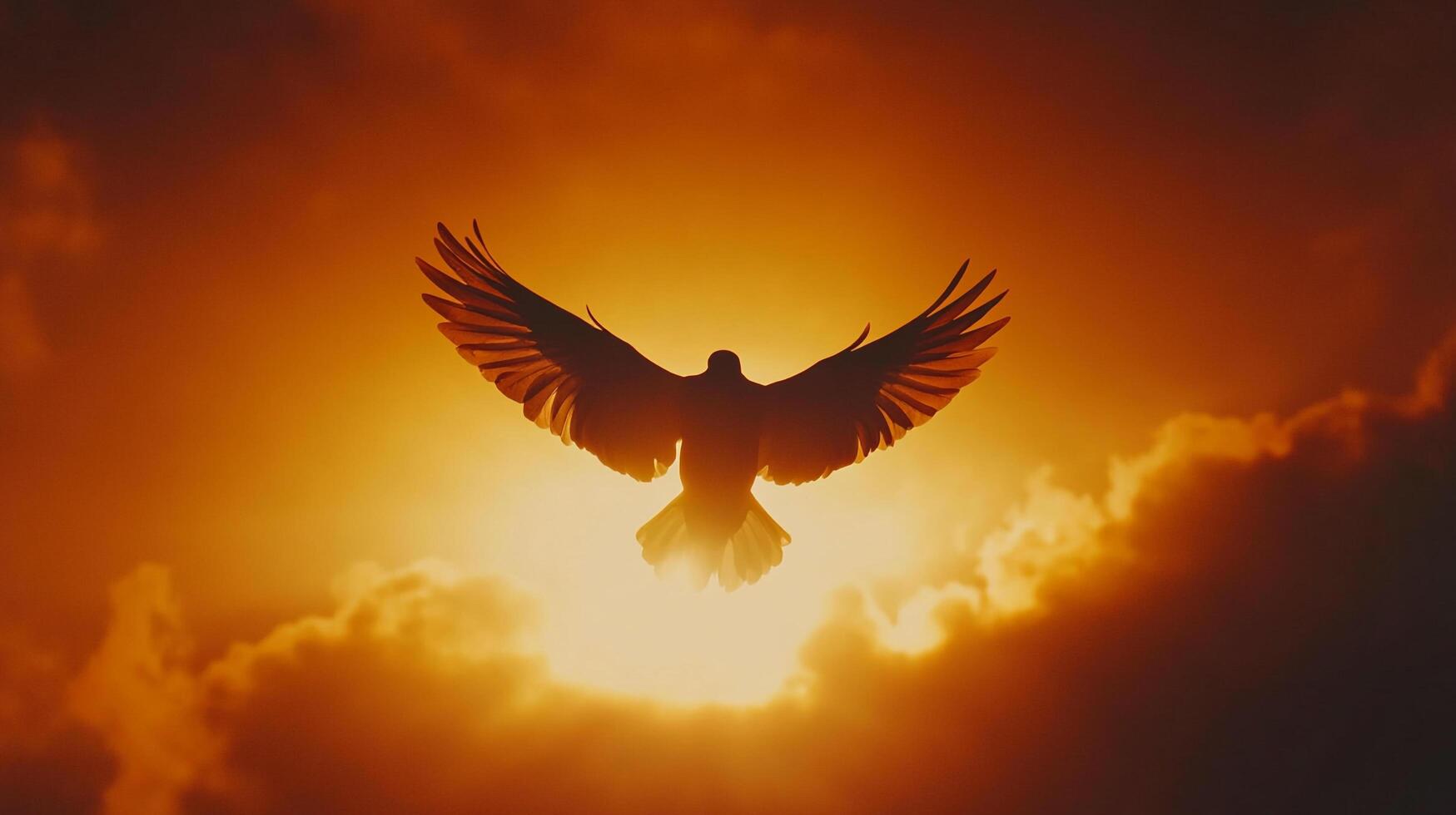Silhouette of bird in flight against vibrant orange sunset. Wings spread wide, a symbol of freedom, hope, and serenity in the heavens. photo
