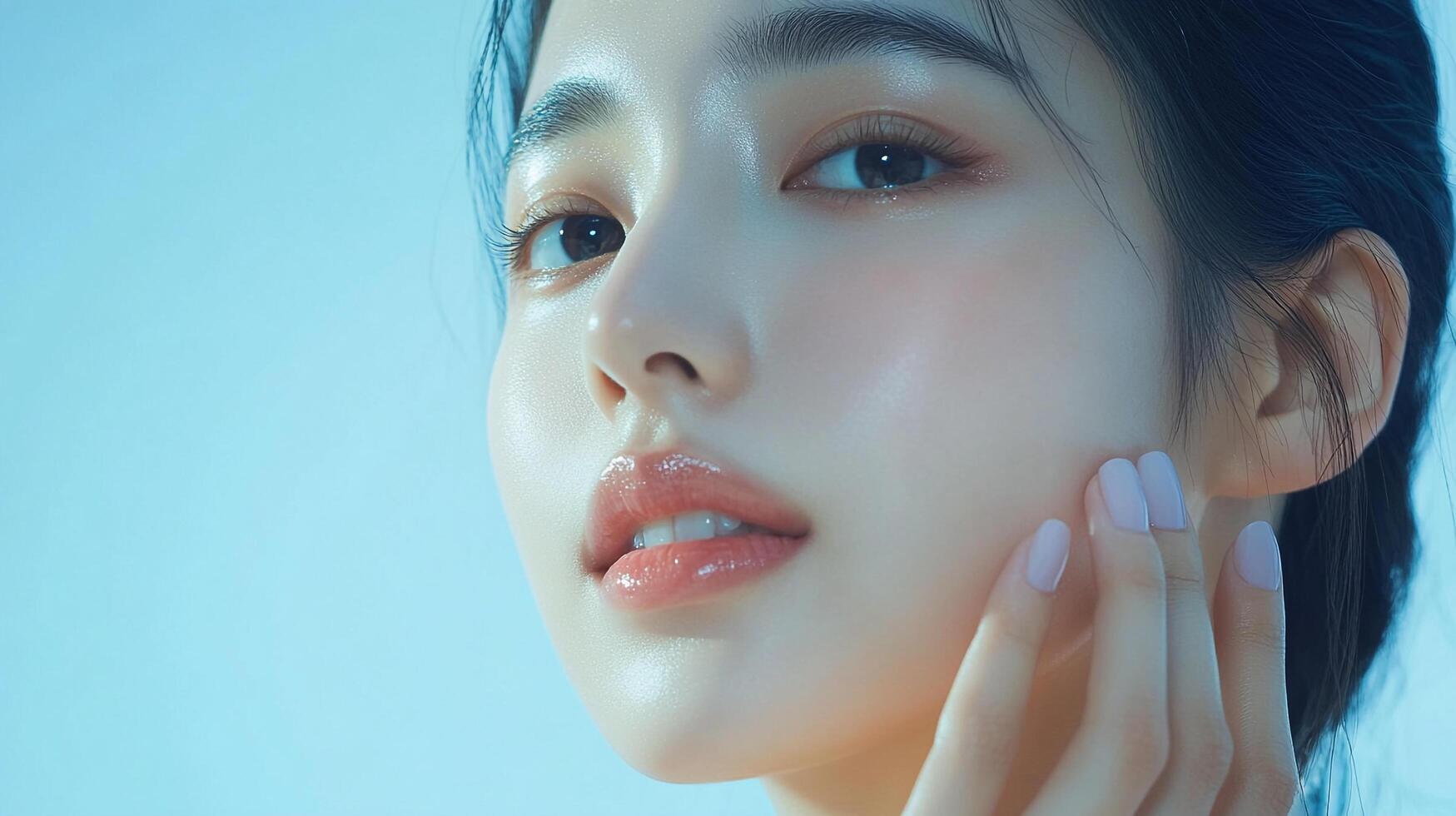 Close-up of a beautiful woman with radiant skin and glossy lips, softly touching her face against a light blue background. Minimalist elegance. photo