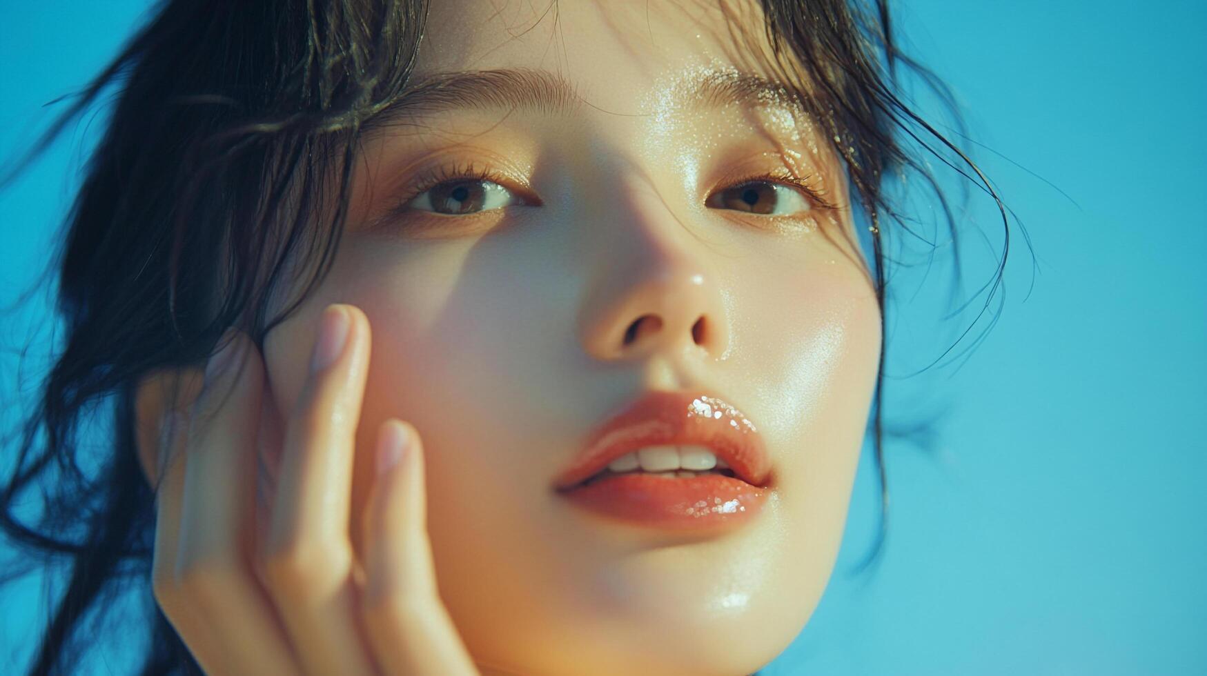 Close-up portrait featuring a woman with sleek, dark hair and glossy lips, against a light blue backdrop. She's touching her face gently. photo