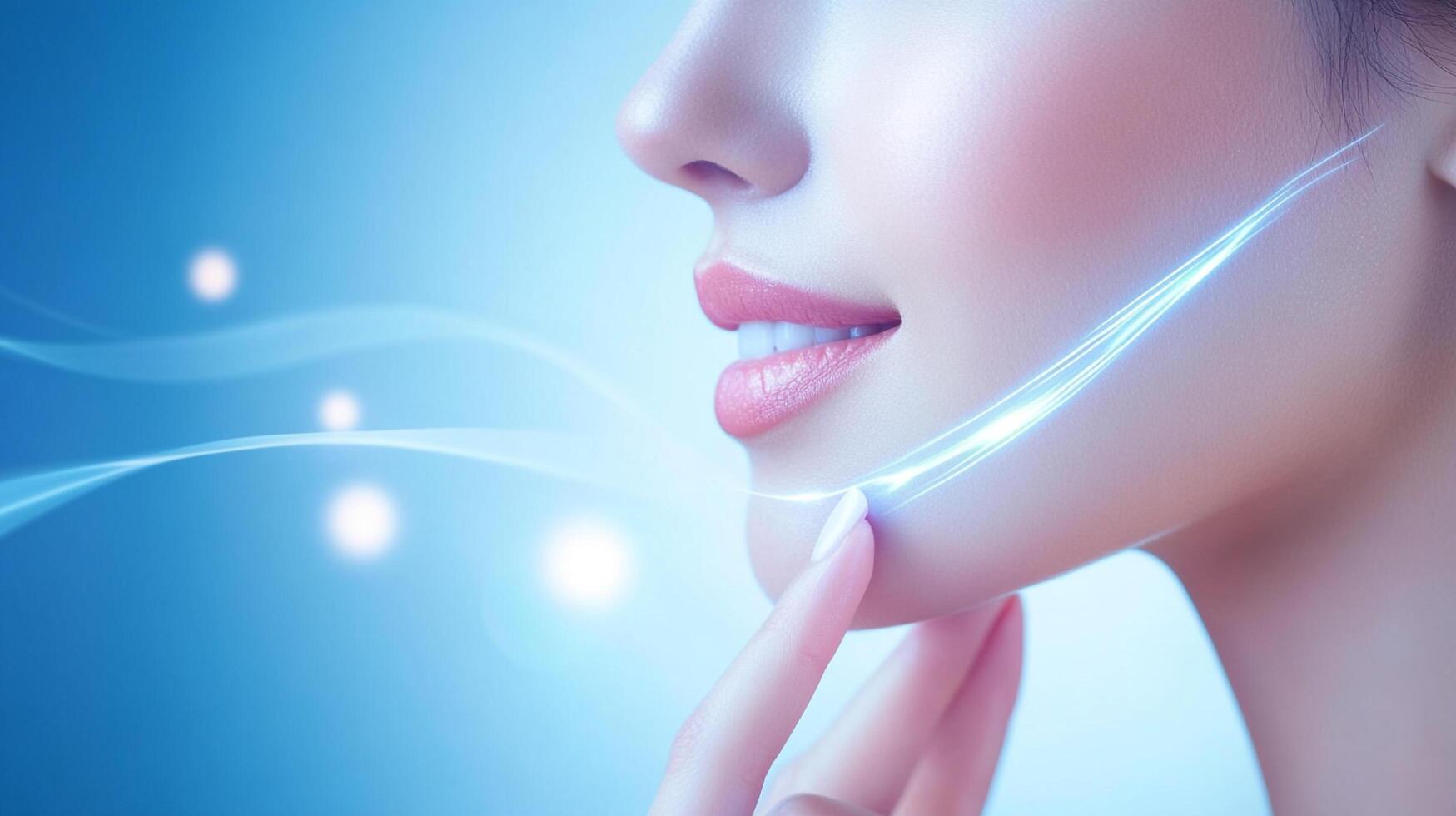 Elegant profile shot featuring radiant skin, subtle makeup, and the gentle touch of a manicured hand, illuminated by digital enhancements. photo