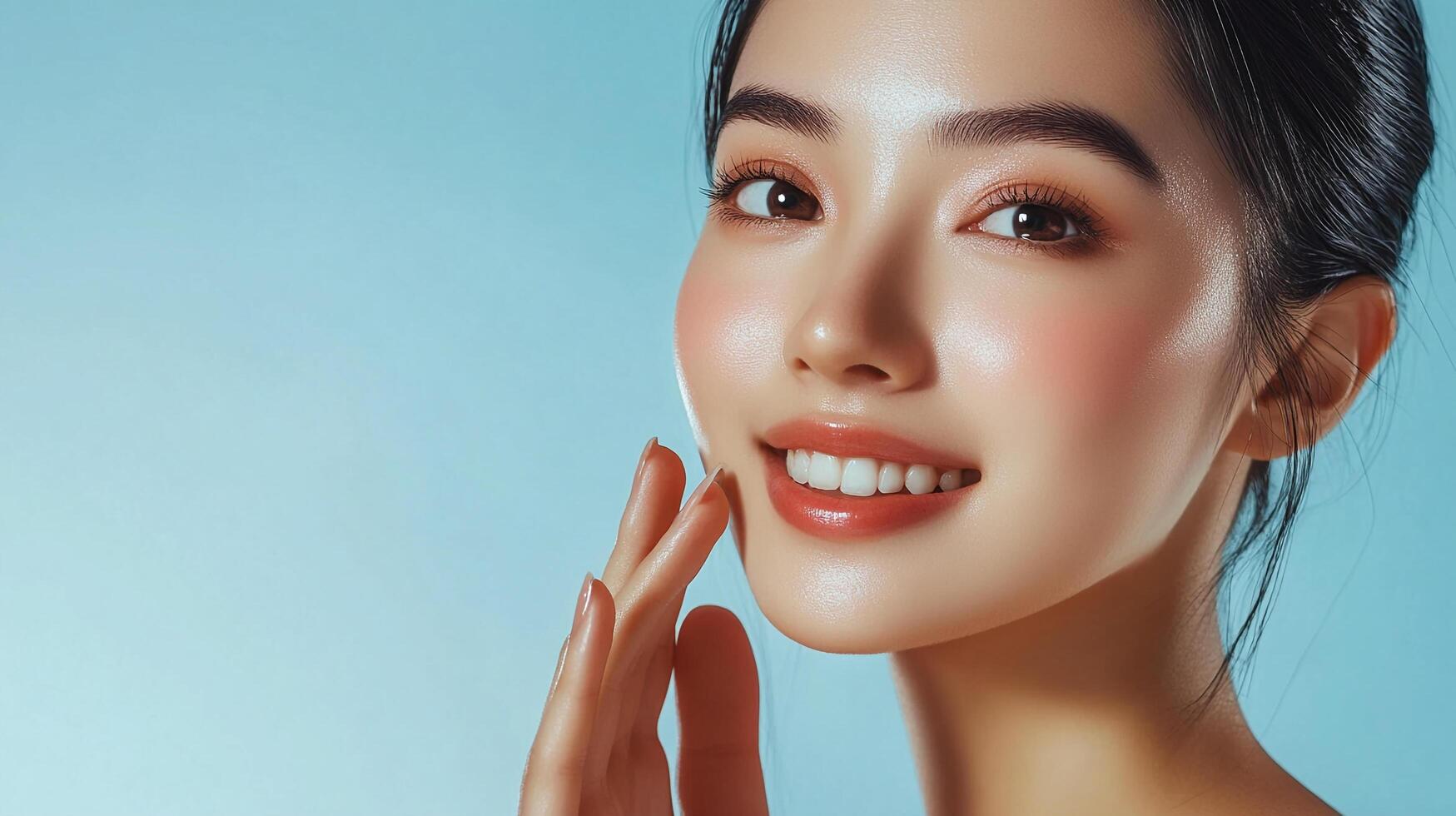 Radiant beauty shines with flawless makeup and a captivating smile, set against a serene backdrop. She is a vision of natural elegance. photo