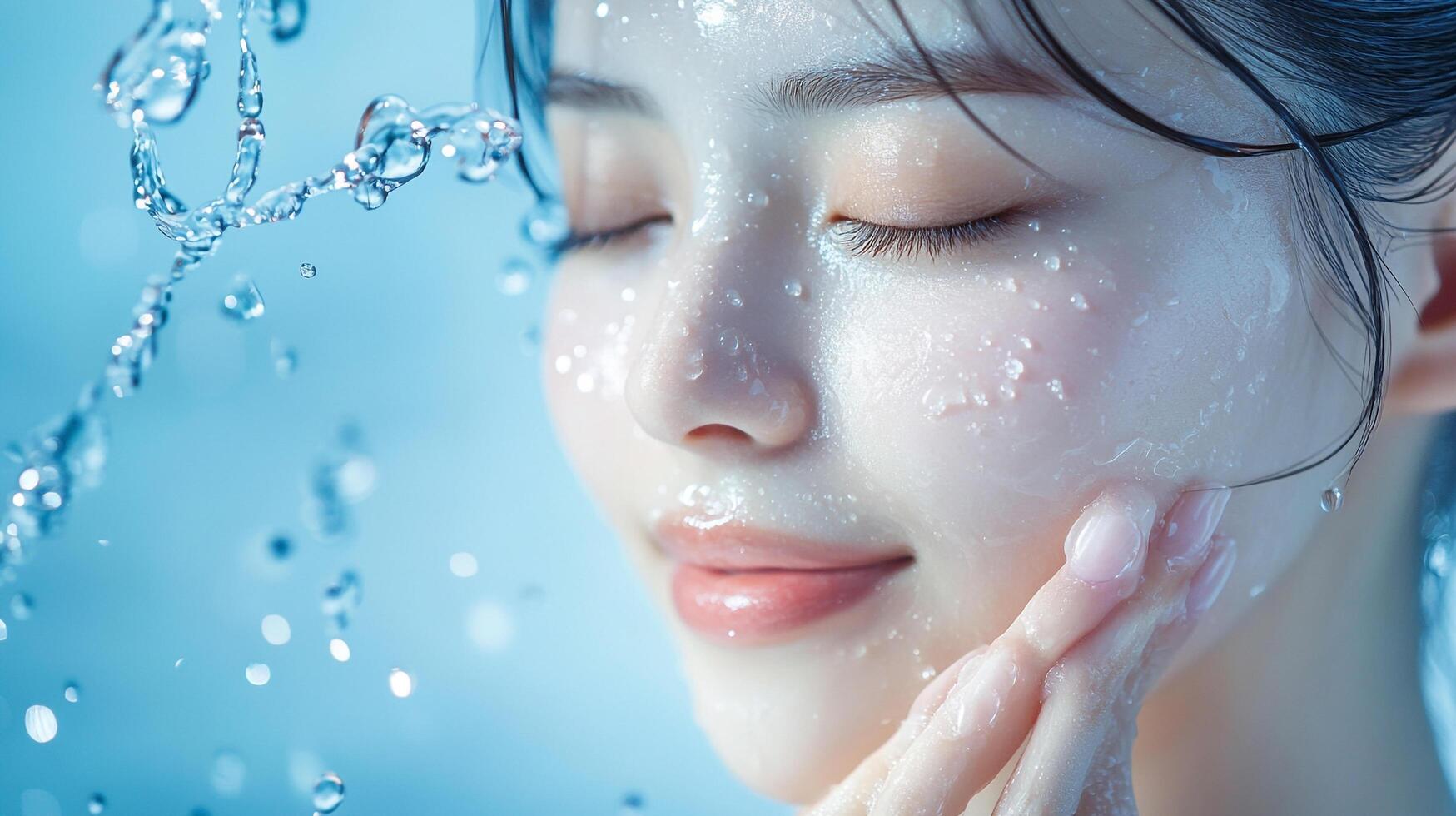Serene beauty with a radiant, refreshed complexion and glistening water droplets, embodying purity and a natural glow. Perfect for skincare. photo