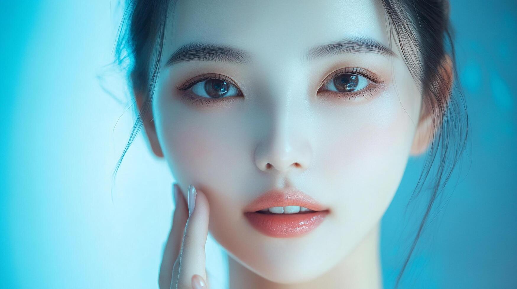 Close-up portrait showcasing flawless complexion, radiant eyes, and soft lips. Focus on the delicate touch and ethereal beauty of the model. photo