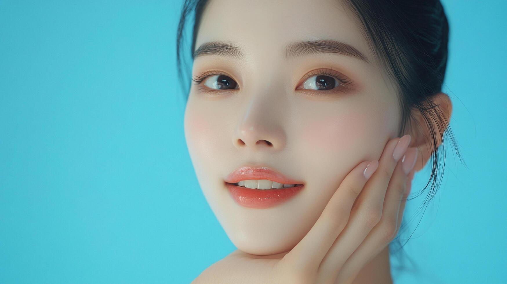 Radiant woman with glowing skin and a gentle touch, set against a calming blue backdrop, captures natural beauty in a serene light. photo