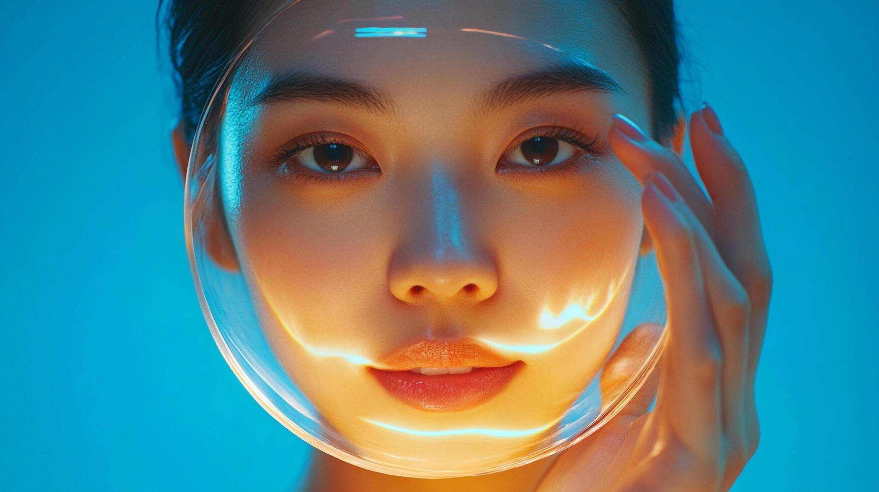 Portrait of an Asian woman against a cyan background with a clear orb highlighting her face, creating a futuristic and luminous effect. photo