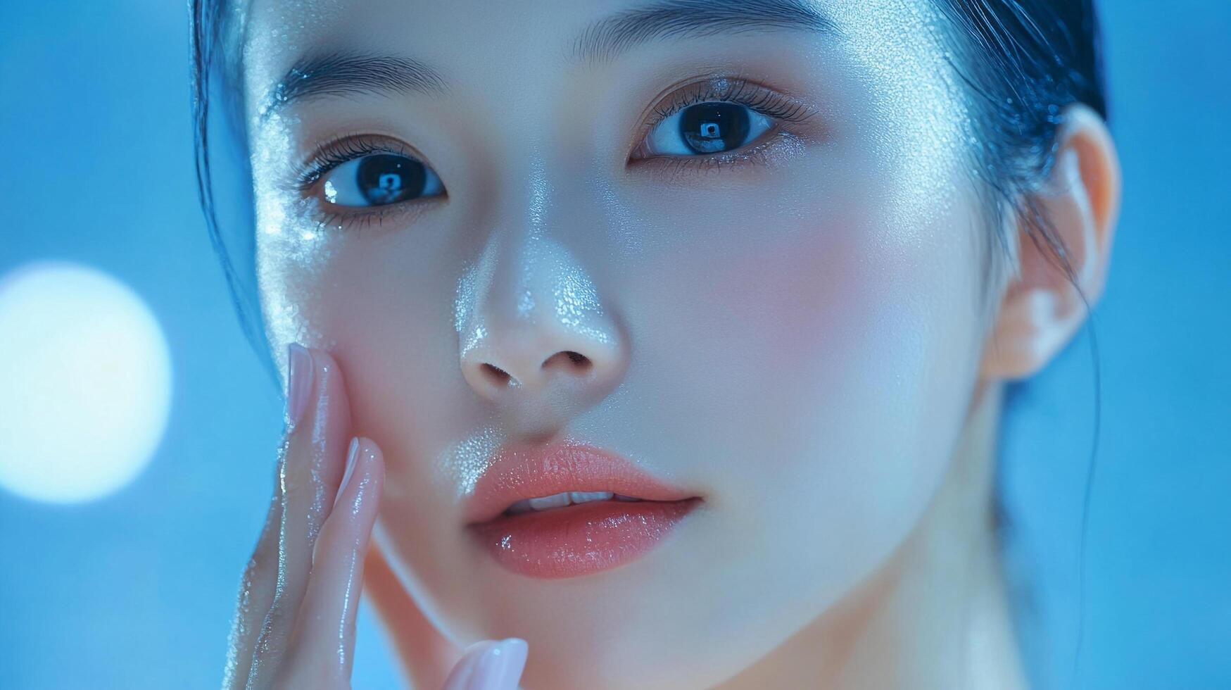 Close-up of a woman's face with glowing skin and delicate features, capturing a fresh and radiant look under soft, cool lighting. photo