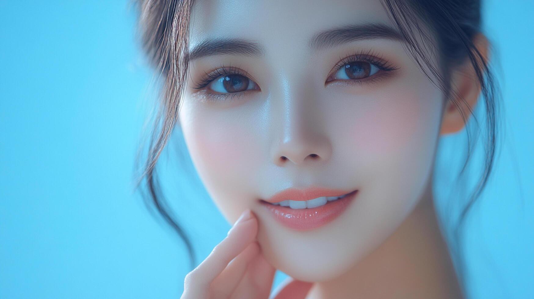 A radiant woman smiles, her flawless complexion highlighted by a soft, ethereal glow against a calming blue backdrop. Simple beauty. photo