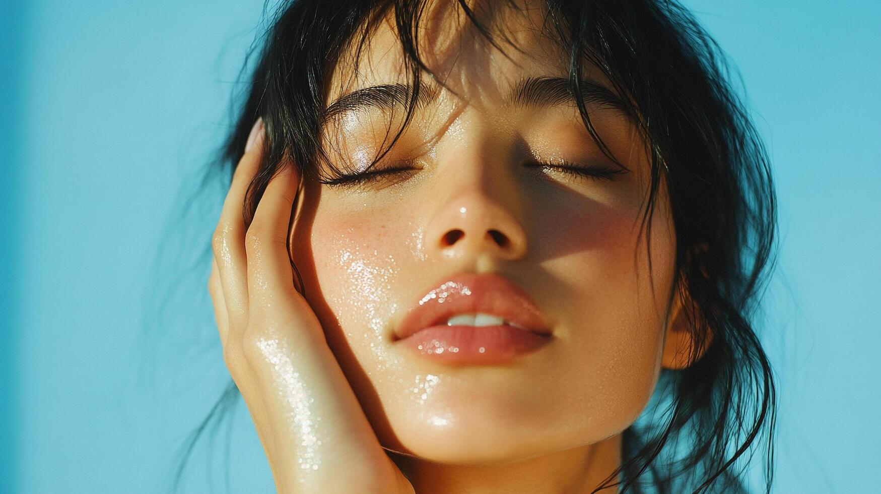 Serene beauty portrait featuring a woman with glossy skin, eyes closed, and a radiant, natural look against a light blue background. photo