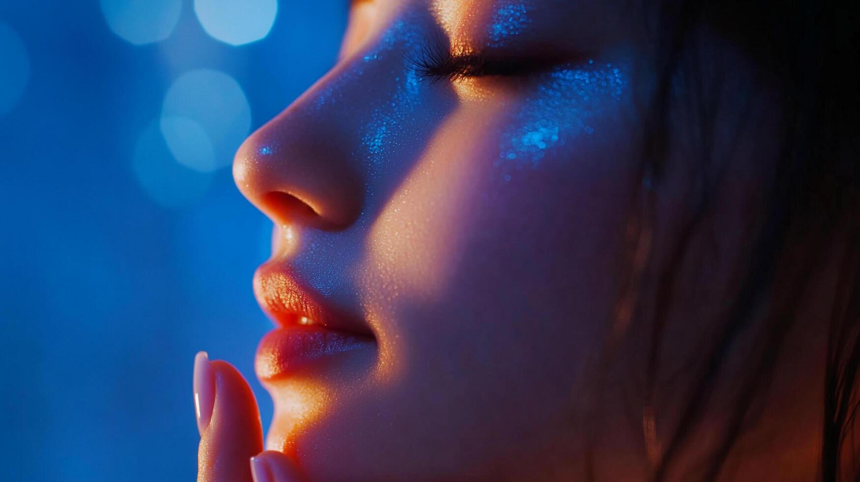 Close-up of a person's face with glitter illuminated by vibrant blue and orange lighting. The skin glows with a soft, ethereal quality. photo