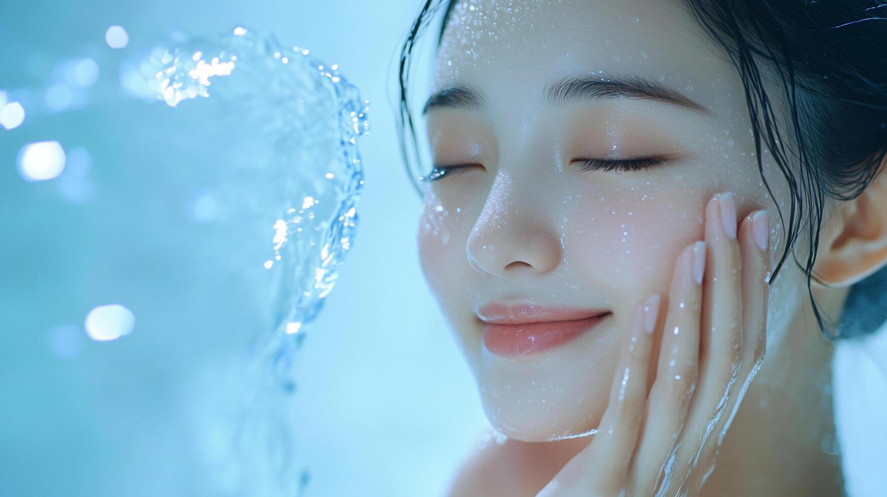 Serene woman with closed eyes and a soft smile, bathed in a refreshing stream of water, conveying tranquility and the essence of skincare. photo