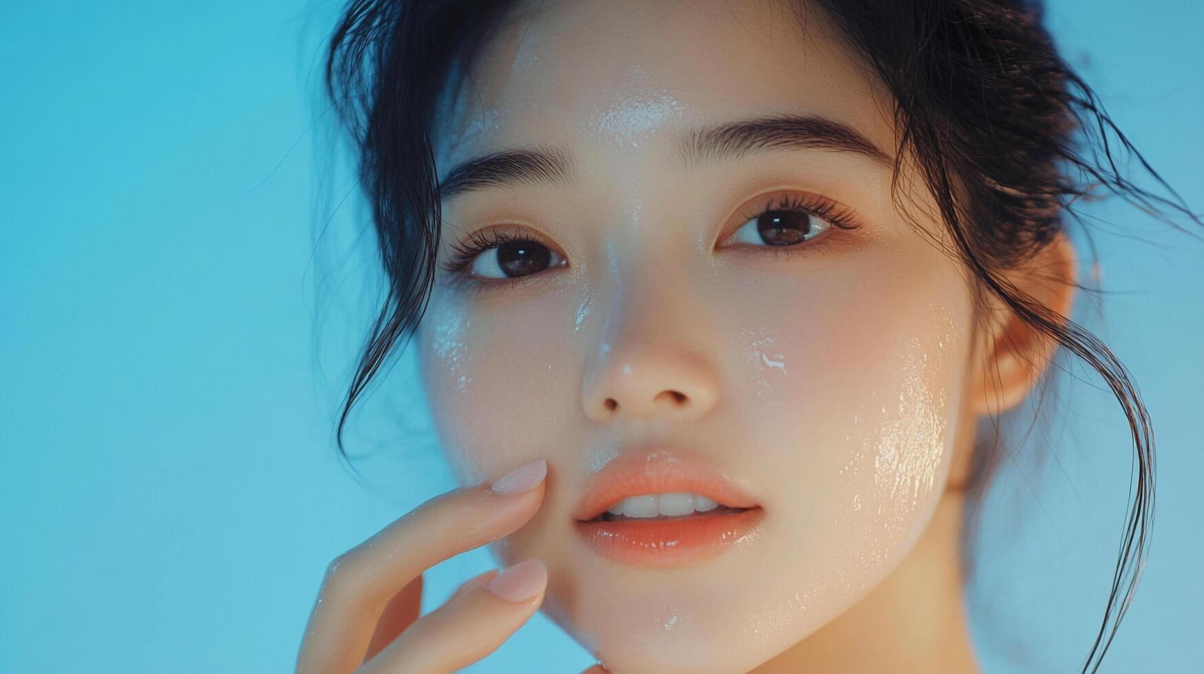 Close-up of a woman's face with dewy skin, soft lighting highlighting her features, creating a fresh, natural, and radiant appearance. photo