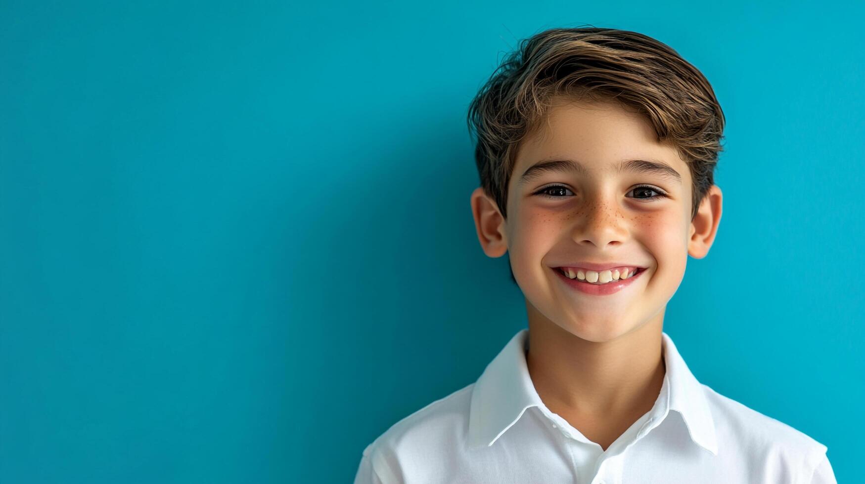 A young boy with a bright smile and freckles poses against a teal background, radiating youthful joy and innocence. Dressed in a white shirt. photo