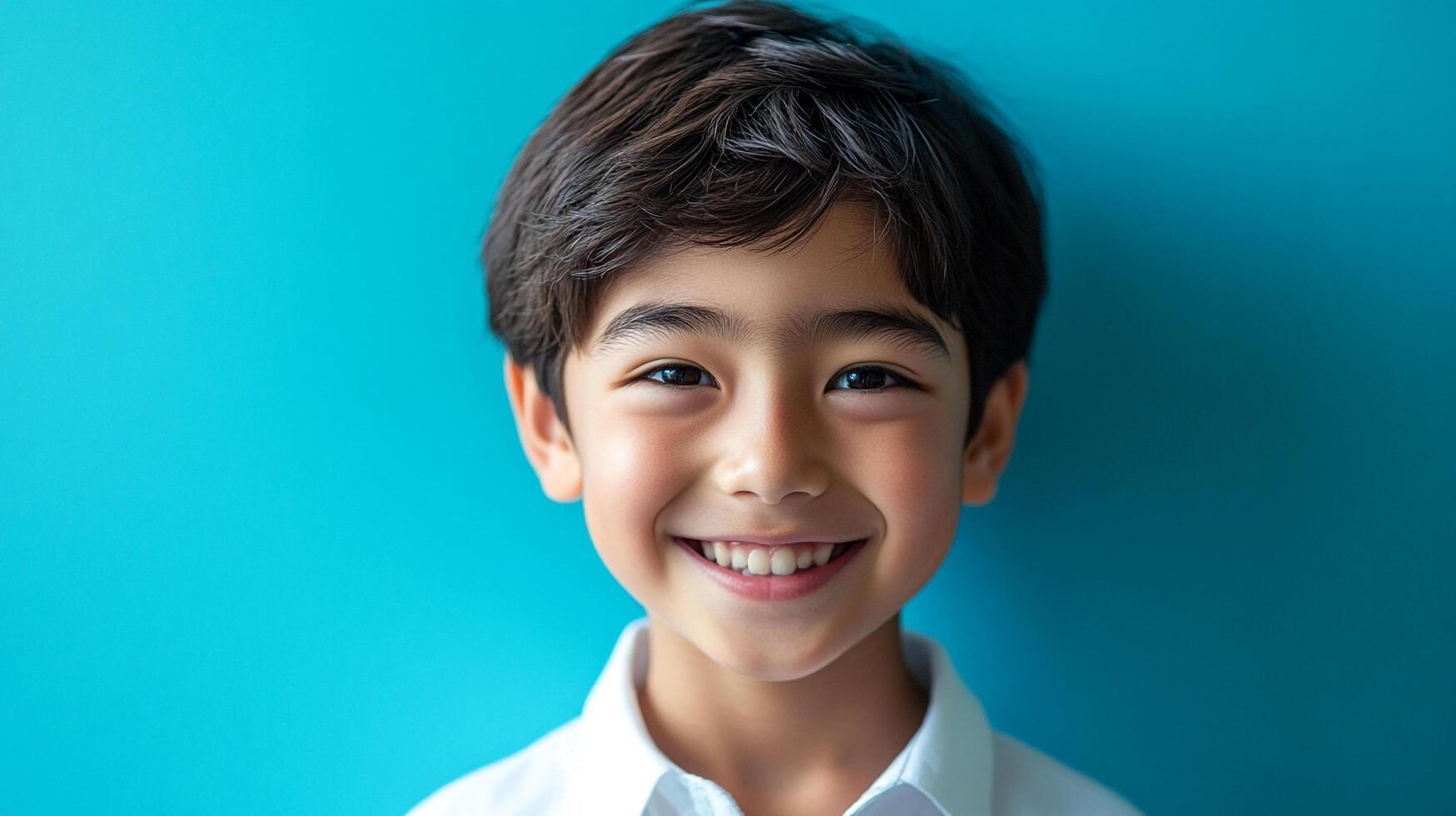 Smiling Asian boy against a vibrant blue background. His cheerful face exudes happiness and innocence. A positive image. photo