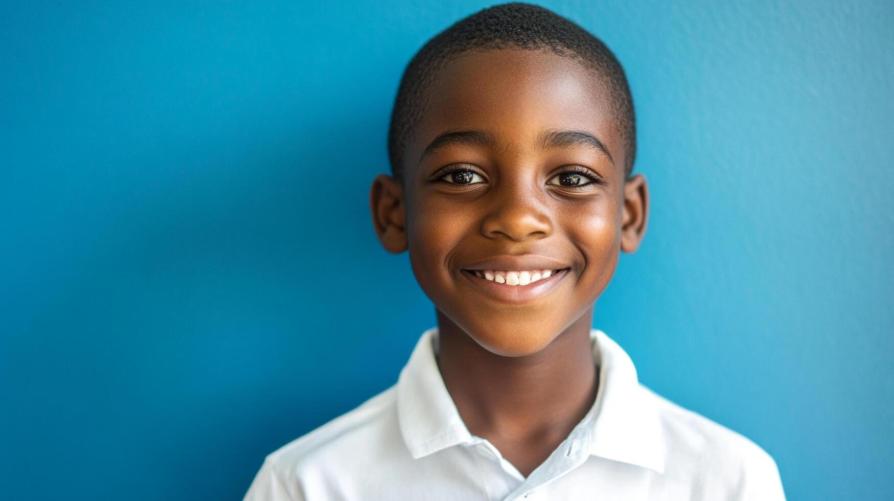 A portrait of a young boy with a bright smile, set against a vibrant blue backdrop, embodying positivity and youthful joy. photo