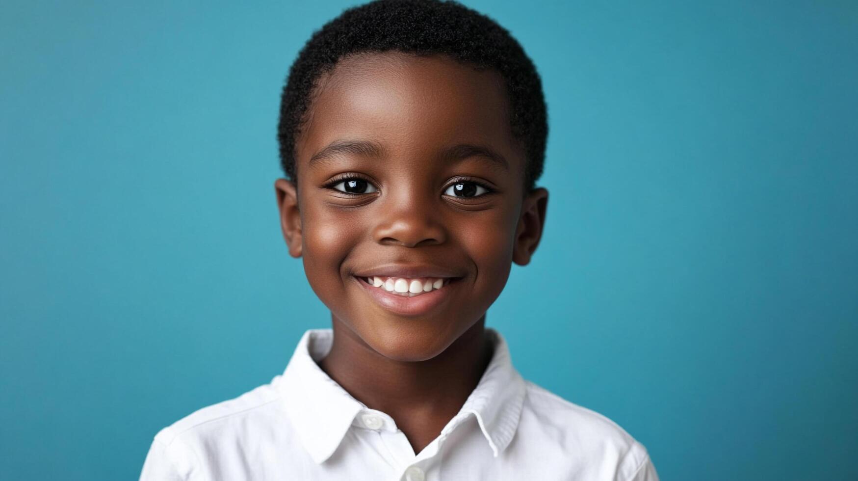 Cheerful young boy with a bright smile posing against a vibrant blue background, radiating happiness and innocence. He's wearing a white shirt. photo