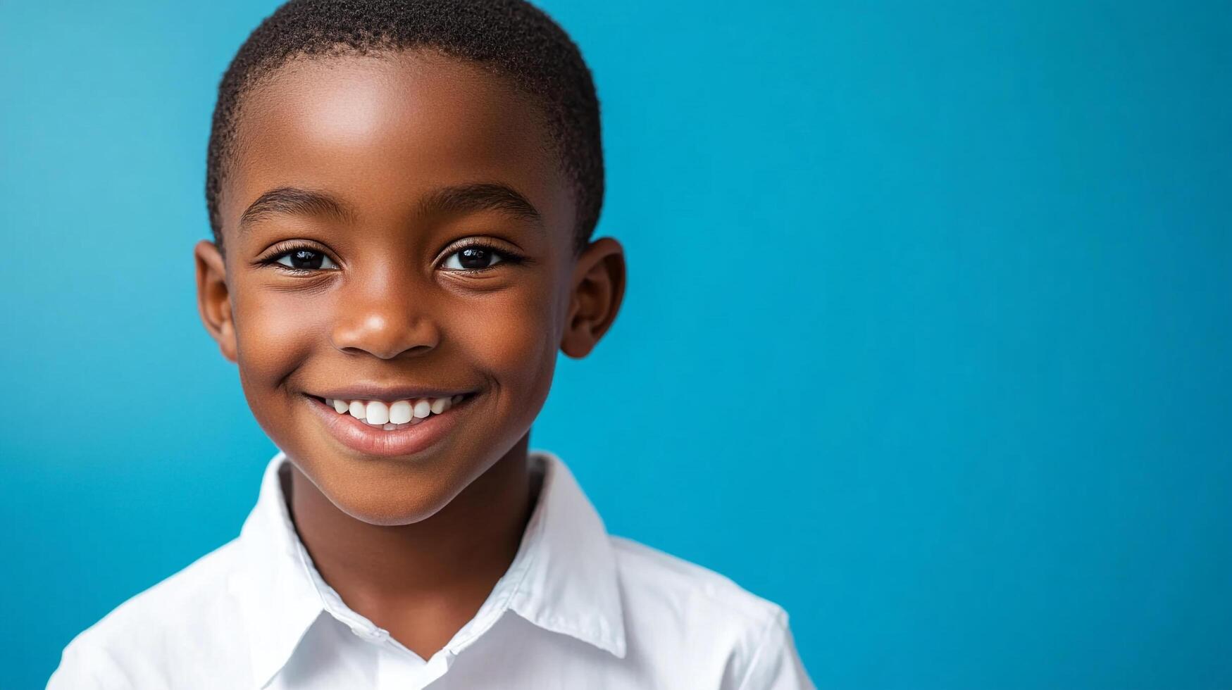 Happy young boy smiling on vibrant blue background, wearing a crisp white shirt, radiating joy and innocence with a bright, toothy grin. photo