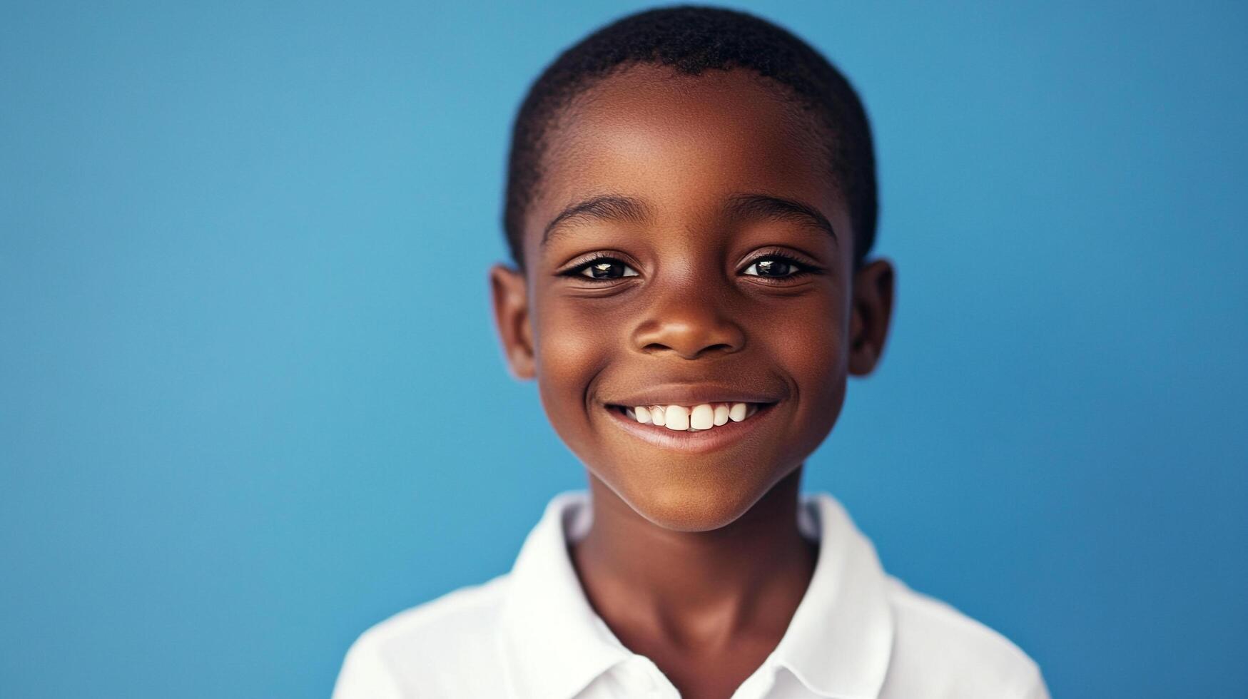 A cheerful young boy with a bright smile poses against a blue background, radiating happiness and positivity in his youthful expression. photo