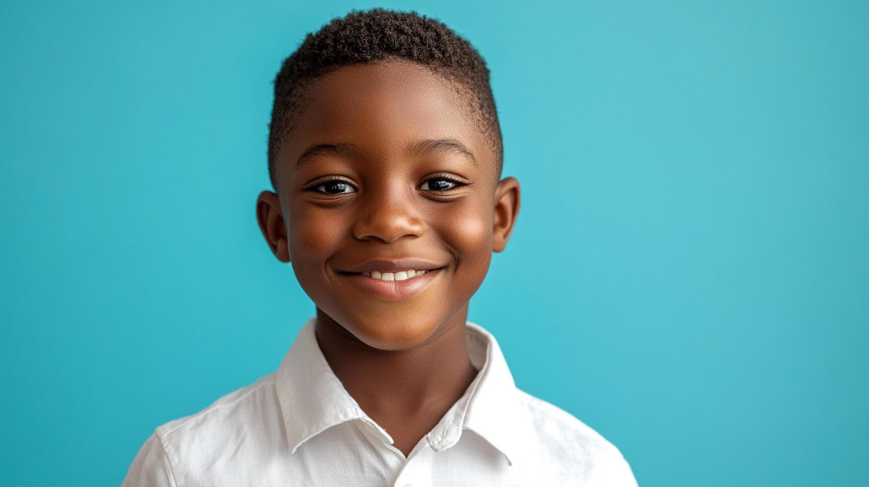 Portrait of a smiling young boy. He has a bright smile and stands against a vibrant blue background, looking directly at the camera. photo