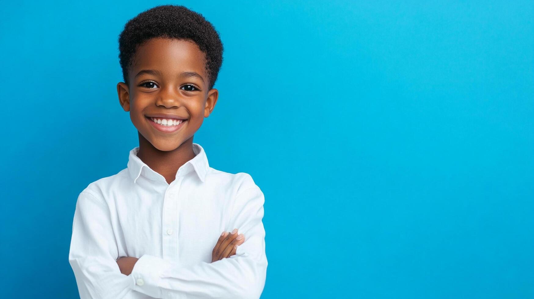 A Smiling Young Boy Posing Confidently in a White Dress Shirt Against a Bright Turquoise Backdrop, Radiating Charm and Assurance. photo