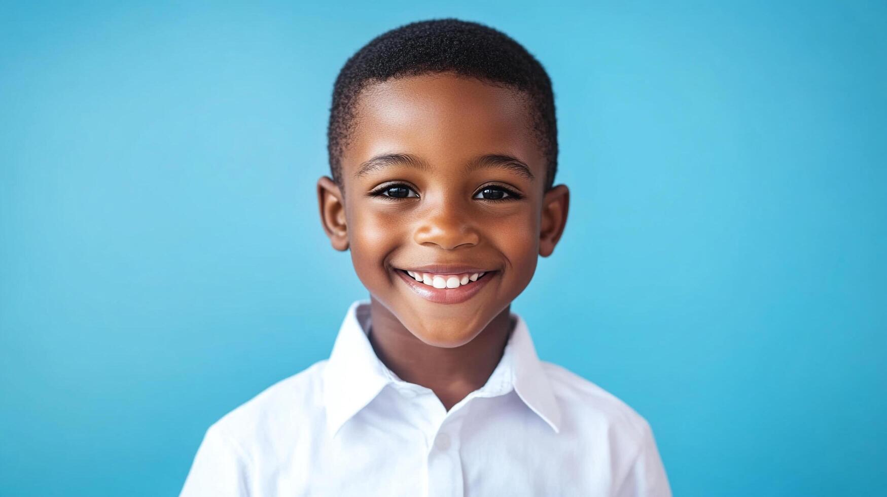 Smiling boy with close-cropped hair against a blue backdrop, radiating positivity and joy in a simple white collared shirt. photo