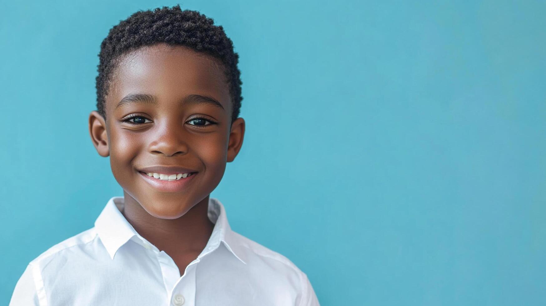 Smiling young boy in a white shirt against a solid blue background. Portrait of happy child with short hair and dark eyes. photo