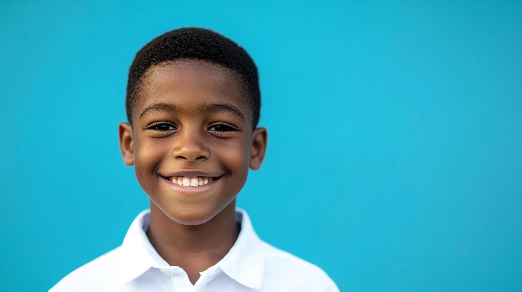 Smiling boy in a white shirt against bright blue background looking straight to the camera. Positive emotion and cheerful facial expression. photo