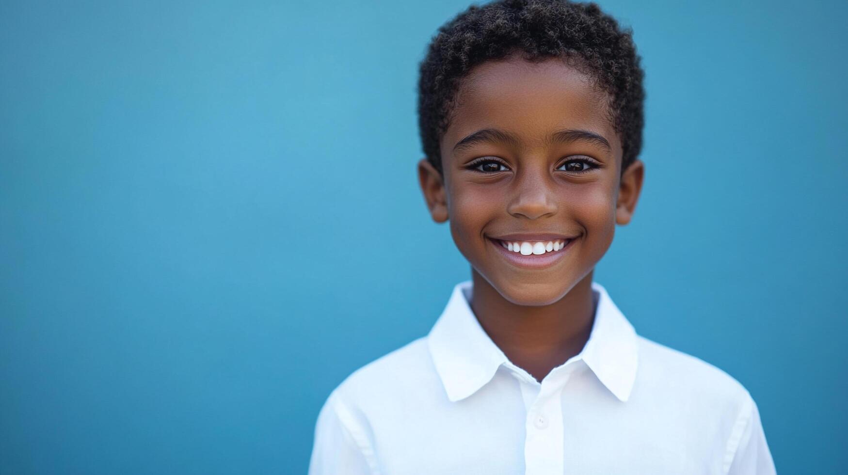 A happy young boy in a white shirt smiles brightly against a vibrant blue background, radiating joy and innocence in a studio setting. photo
