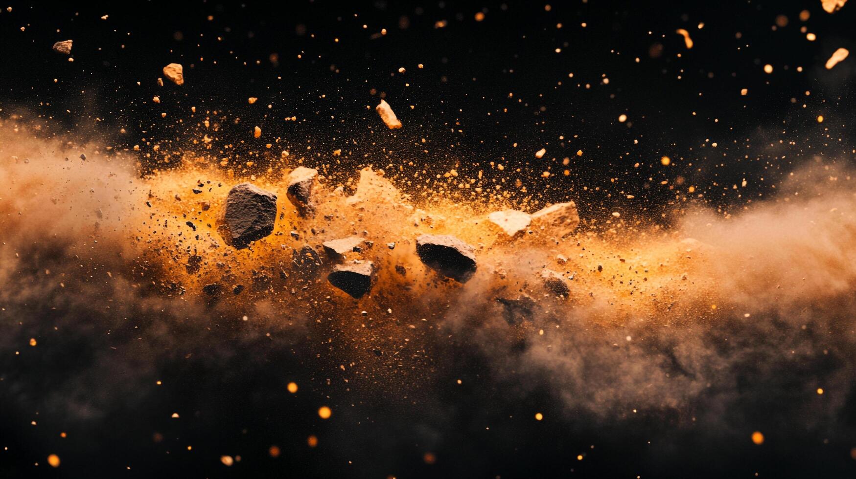 Dramatic explosion of earth and dust against a black background, capturing movement, texture, and intensity in a dynamic composition. photo