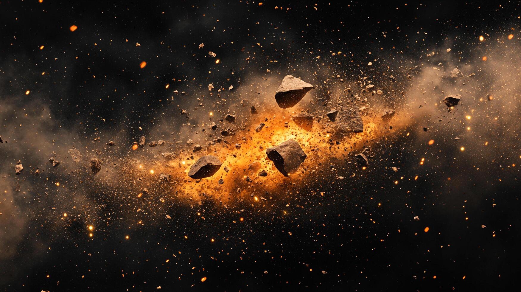 Dramatic space scene featuring an asteroid explosion, creating a vibrant display of dust, rocks, and debris against a dark backdrop. photo