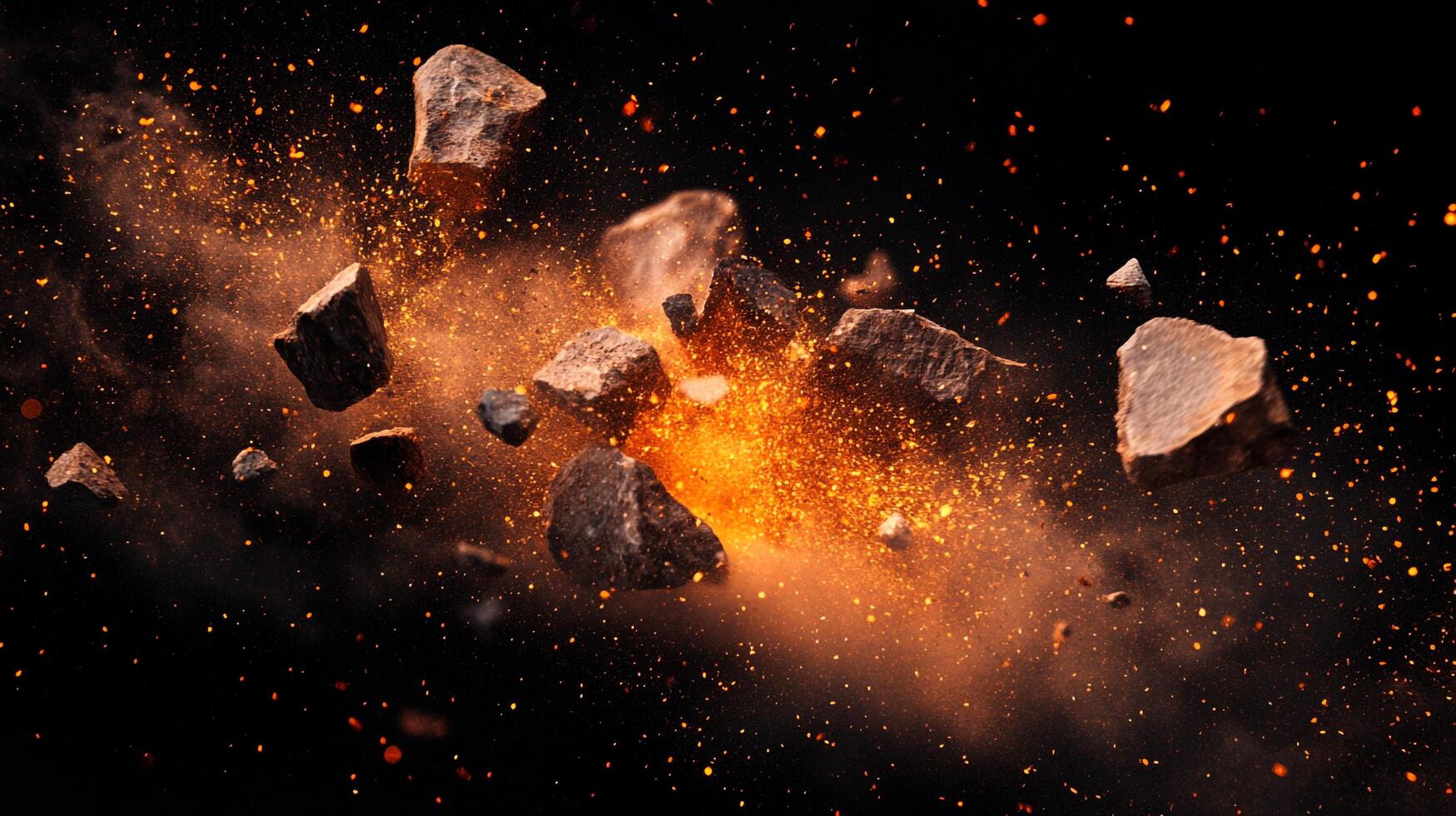 Dramatic rock formation suspended in space with a fiery, golden explosion, set against a dark, contrasting backdrop. photo