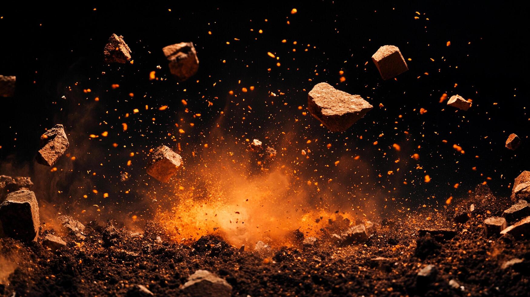 A dynamic explosion with rocks and fiery debris erupting against a dark backdrop, creating a dramatic and energetic visual spectacle. photo