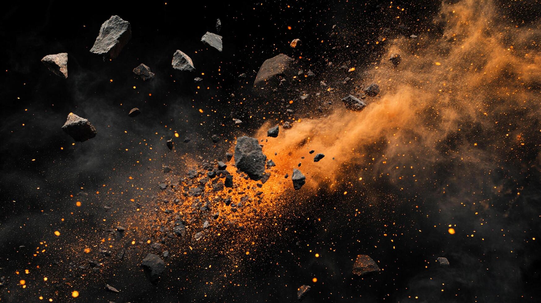 Dramatic explosion of rock fragments amidst a burst of vibrant orange particles against a stark black background. Intense and captivating. photo