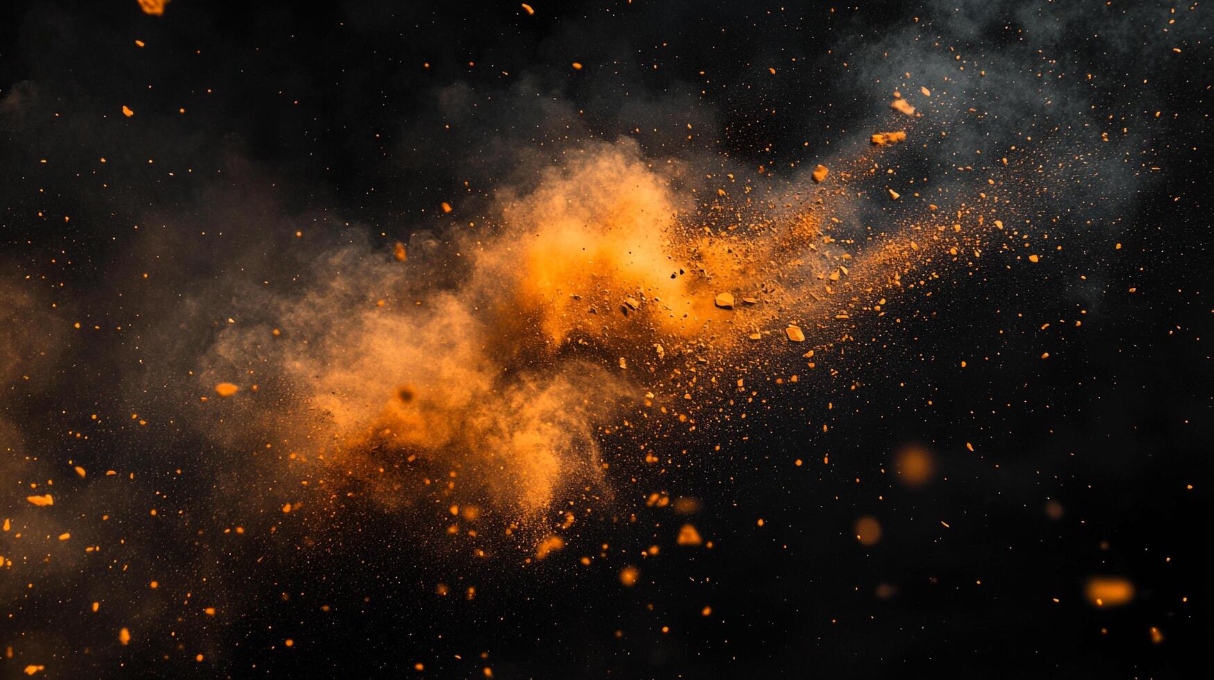 Explosion of vibrant orange powder suspended in air against a stark black backdrop, creating a dramatic and energetic visual. photo