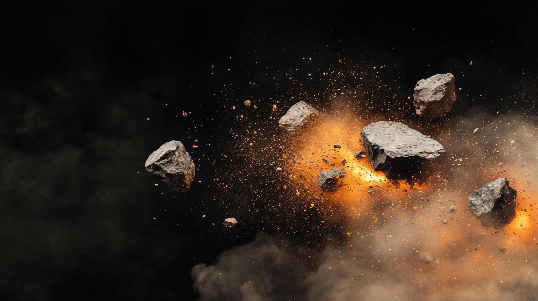 An explosion sends rocks and debris flying against a dark backdrop, showcasing a raw, dynamic force of nature or destructive event. photo
