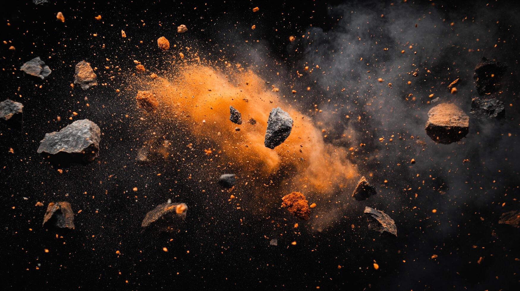 Dynamic explosion of earth and dust frozen in time, against a stark black background, showcasing motion and texture. photo